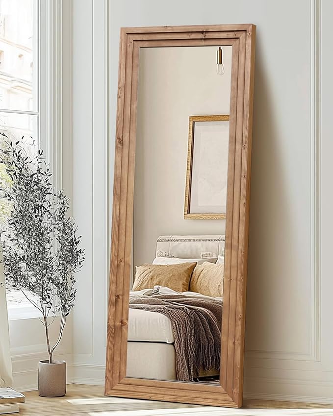 Full Length Mirror 65"x22" with Stand Solid Wood Frame Floor Large Mirror for Living Room, Bedroom Hanging Standing or Leaning Wall-Mounted, Light Brown