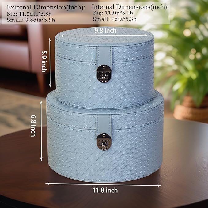 Set of 2 Round Blue Artificial Leather Decorative Boxes with Black Decorative Buckle for Home Decor