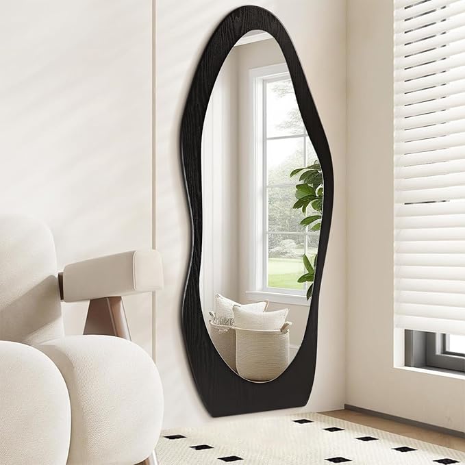 Full Length Mirror Black Irregular Wavy Mirrors 59" x 24" Asymmetrical Wall-Mounted Full Body Standing Mirror Wood Frame Mirrors for Cloakroom Bedroom Living Room