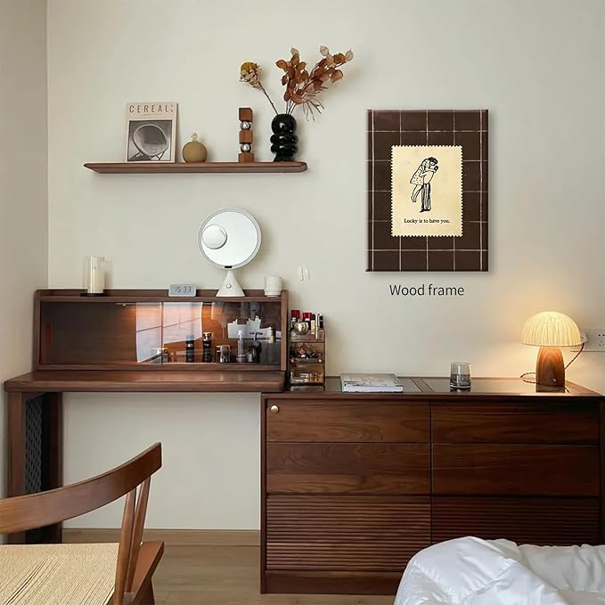 Brown Mid-Century Couples Wall Art Valentine Quotes Lucky Is to Have You Poster 08x10 inch Framed Vintage Romantic Anniversary Canvas Prints Modern Love Wall Decor for Bed Living Room