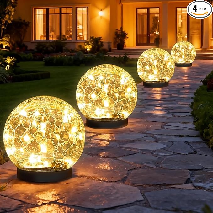 SyouHome Solar Garden Lights Outdoor Waterproof, 4 Pack Cracked Glass Ball Light, Ground Landscape Garden Decor, Solar Globe Decorative for Pathway/Patio/Lawn/Yard (Warm White, 4.7")