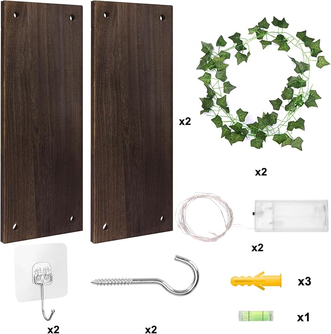 Fixwal Artificial Ivy LED-Strip Floating Shelves Set of 2, Macrame Hanging Shelves Plant Wall Decor, Rustic Boho Wood Wall Storage Shelves for Bedroom, Living Room, Bathroom Decor (Dark Brown)