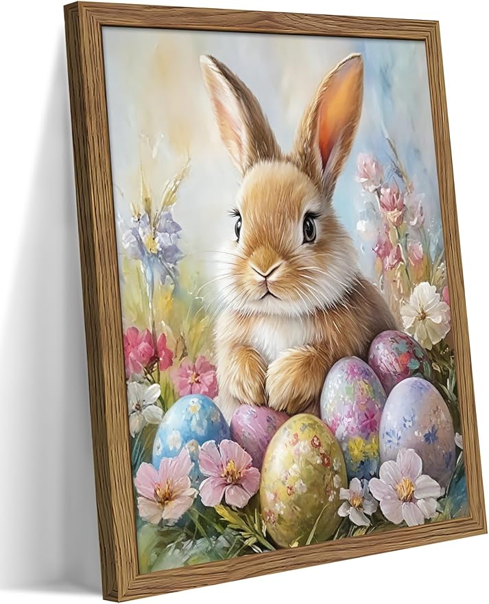 Framed Easter Bunny Wall Art, Cute Bunny with Eggs Poster Prints, Vintage Cottage Holiday Theme Canvas Artwork, Spring Atmosphere Wall Decor for Kids Room Girls Bedroom Living Room 12x16in