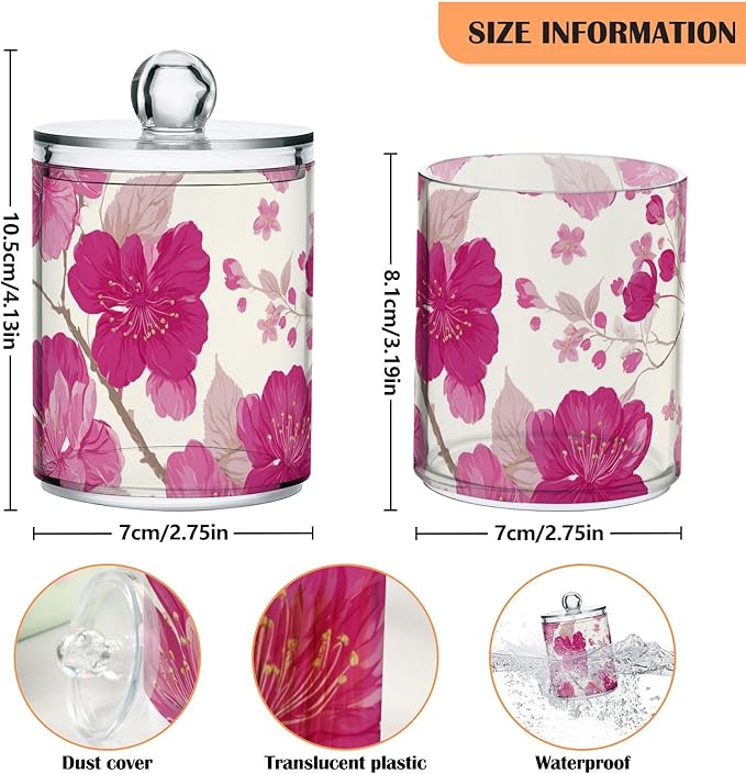 2 Pack Apothecary Jars Art Pink Peach Blossom Bathroom Vanity Storage Organizer Set,Small Clear Plastic Storage Jars Bathroom Canister for Cotton Swabs, Rounds, Balls, Qtips,Makeup Sponges, Flo