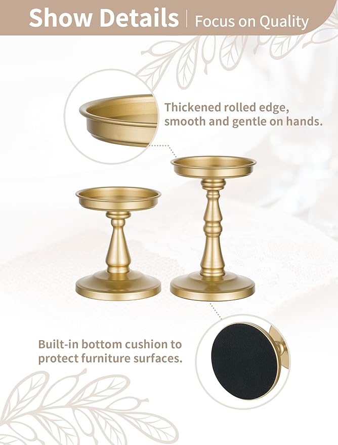 NUPTIO Large Candle Holder Set: 2pcs Large Gold Stand for 4" Diameter Pillars - Vintage Metal Pedestal for Dining Table Centerpieces Decor
