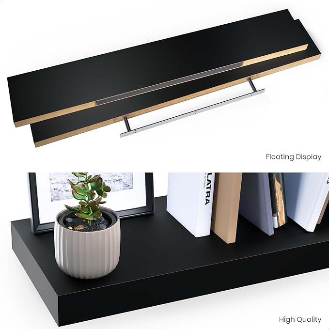Ballucci Floating Shelf, 48" Wood Wall Shelf with Invisible Brackets for Bathroom, Living Room, Bedroom, Kitchen, Nursery, 8" Deep, Black