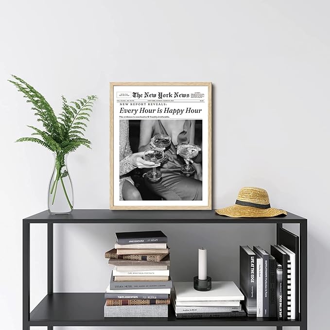 Bwodke OAK Wood Framed Wall Art Every Hour Is Happy Hour Canvas Art Vintage Newspaper Pictures Wall Decor News Prints Trendy Artwork for Girly Dorm Bedroom 16"x20"