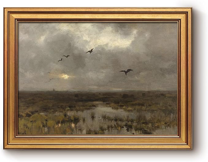 Bzstyleart Vintage Wall Art Decor, Gold Framed Wall Art, Flying Bird Scenery Frmaed Canvas Artwork for Office, Animals Painting Picture for Bedroom Living Bathroom, 12 x 16 Inch