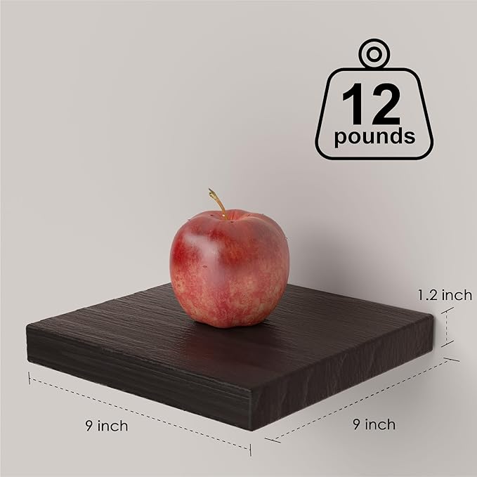 PopiShelves Small Floating Shelves for Wall - 9 Inch Square Rustic Brown Shelves for Bedroom, Living Room, Bathroom, Kitchen, Office Decor Set of 3