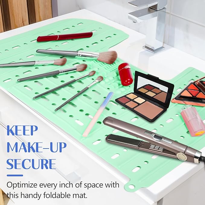 Bathroom Sink Cover for Counter Space, Foldable Silicone Makeup Mat with Hanging Loop Heat-Resistant Sink Cover for Makeup, 22 * 17" Space Saver Sink Organizer Mat for Bathroom, Green