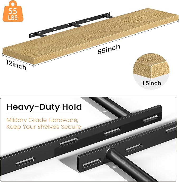 Oak Floating Shelves for Wall, 55 Inch Floating Shelves Set of 2, Wall Mounted Rustic Wood Shelf for Bathroom, Living Room, Bedroom and Kitchen, Hanging Shelf for Storage, Books, Home Decor