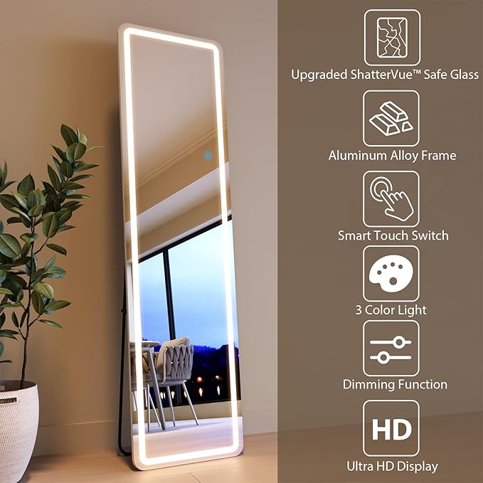 Full Length Mirror with LED Lights, LED Mirrors Full Length Floor Mirror Full Body Mirror for Bedroom Wall Mounted Free Standing