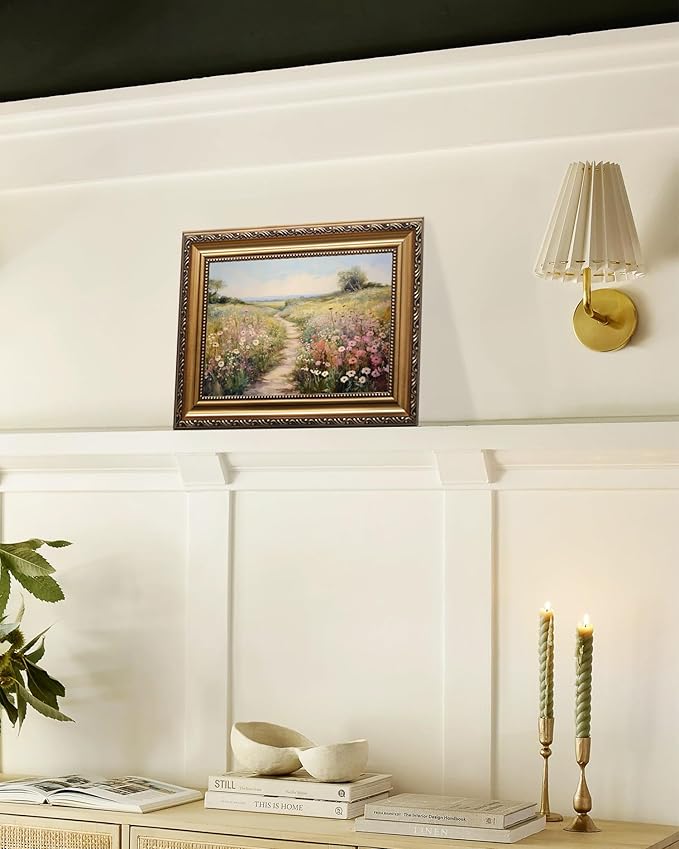 KBKBART Gold Framed Vintage Wall Art, Vintage Spring Decor, Wildflower Countryside Canvas Oil Painting, Rustic Antique Landscape Bathroom Decor for Bedroom, Living Room, Gifts (9"x12")