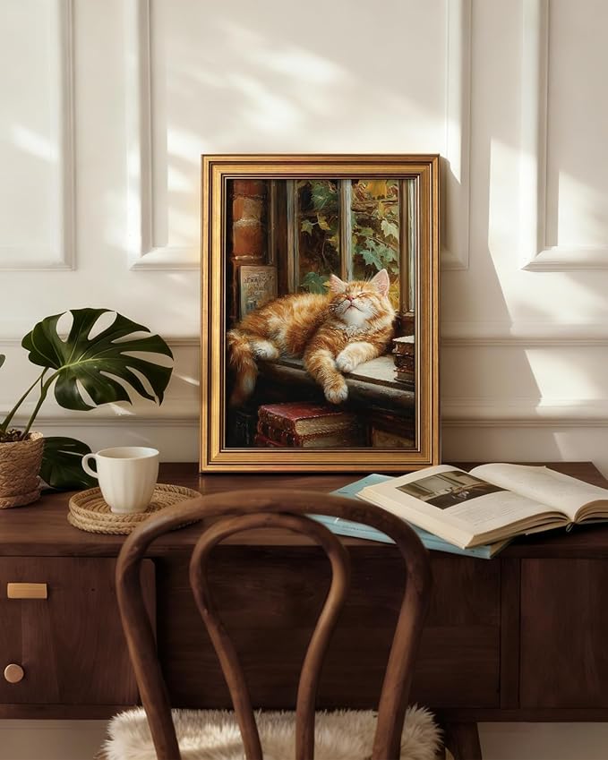 HUARCEY Gold Framed Canvas Wall Art, Book Cat Vintage Decor, Rustic Vintage Neutral Canvas Paintings Retro Table Desk Picturesfor Bathroom Bedroom Living Room, 12x16Inch