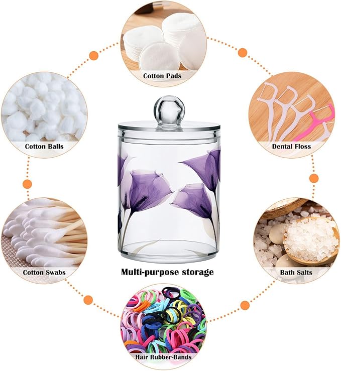 4 Pack Qtip Holder Dispenser Purple Tulip Lily Flower Cotton Ball Swab Round Pads Floss Clear Bathroom Storage Containers Plastic Apothecary Jars with Lids