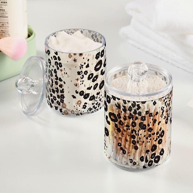 2 Pack Qtip Holder Dispenser for Cotton Ball Brown Floral Leopard Print Cotton Swab Round Pads Clear Plastic Acrylic Jar Set Bathroom Canister