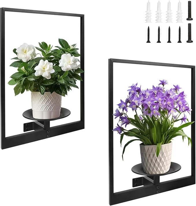 Plant Wall Shelf, Metal Modern Style Frame, Picture Wall Plant Holder, Plant Frames for Living Space Decor Display Stand for Living Room Balcony Garden Patio (2 PACK(BLACK))