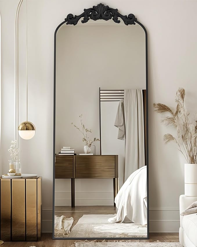 Antok Arched Full Length Mirror, 58"x18" Floor Mirror with Carved, Full Body Mirrors for HomeDecor, Standing/Halling Large Wall Mirror for Bedroom, Living Room, Cloakroom, Black, Retro Style