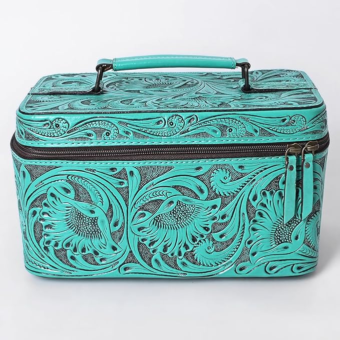 American Darling Western Hand Tooled Leather Jewelry Case | Handcrafted Travel Makeup Bag with Handle and Divided Interior