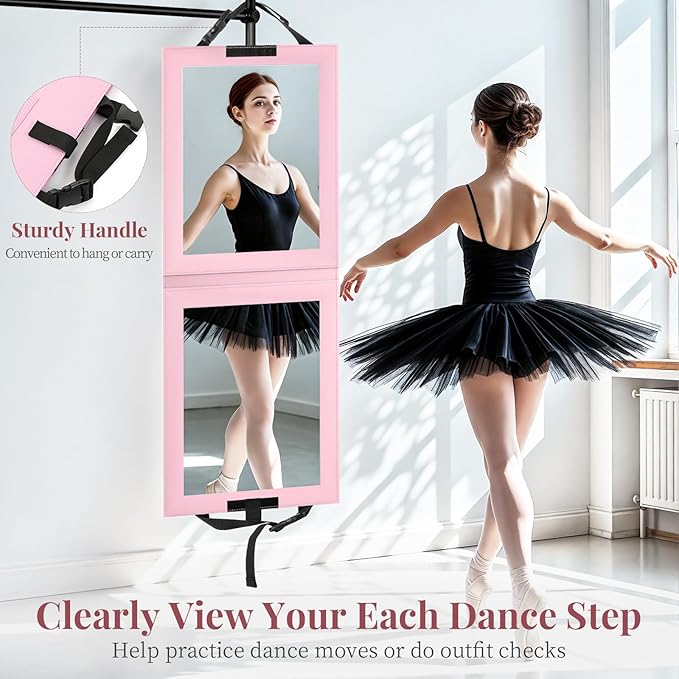 Shinowa Foldable Portable Full Length Mirror for Dancer, Camping and Travel, Shatter-Proof Acrylic Hanging Mirror with Handle, 33x13 Inch Full Body Travel Backstage Mirror, Pink