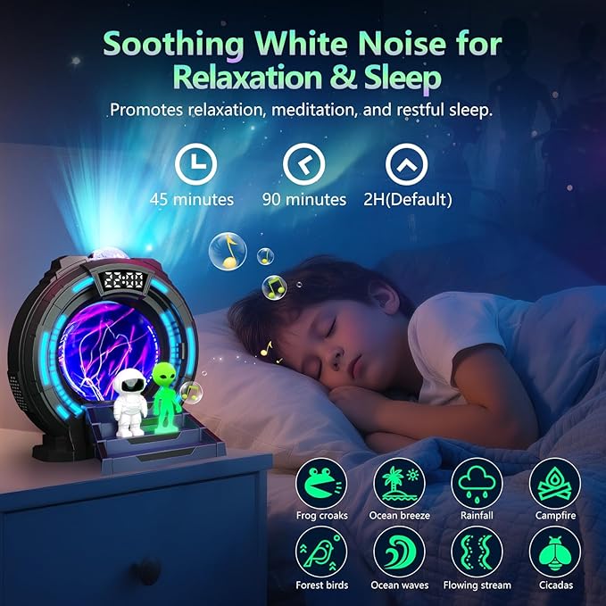 Galaxy Projector with Plasma Ball, 8 Aurora Lights, White Noise Machine, Bluetooth Speaker, Timer Alarm Clock, Remote Controlled Night Light for Bedroom, Kids/Adults, Party