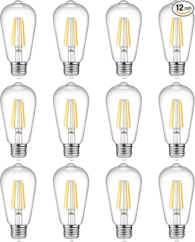 Ascher 12-Pack Vintage LED Edison Light Bulb 60W Equivalent, Decorative Antique Filament Light Bulbs with 80+ CRI, Warm White 2700K, 700 Lumens, E26 Base, Non-Dimmable