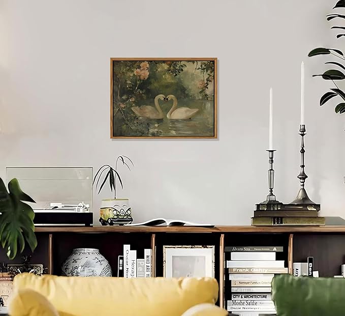 Framed Vintage Canvas Swan wall art Sage Green Print Antique Couple Swan Oil Painting Elegant Animal Pictures Wall Decor Farmhouse Aesthetic Wall Decor for Living Room Bedroom Farmhouse Home