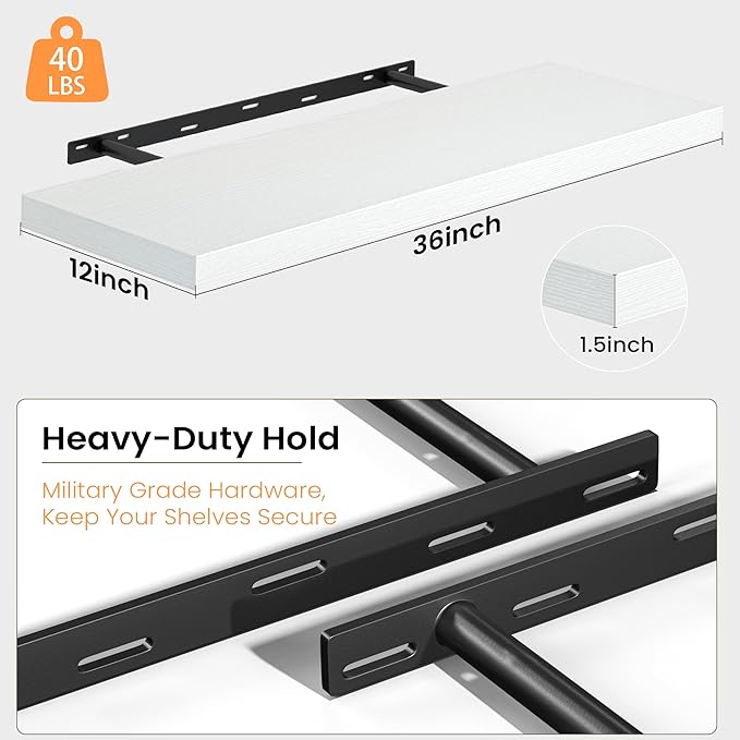 36 Inch White Floating Shelves for Wall, 12 Inch Deep Shelves for Bedroom, Kitchen, Bathroom Wall Mounted, Rustic Wood Floating Shelf with Invisible Brackets for Books, Storage, Decor, 2 Pack