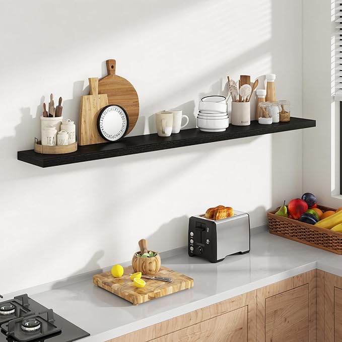 Acovy 72 Inch Floating Shelves, 8 Inch Deep Floating Shelves for Wall, Hanging Shelf with Invisible Brackets, Deep Shelves for Bathroom, Bedroom, Living Room, Black, Set of 1