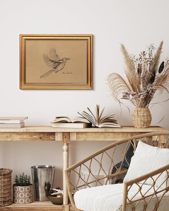 Bzstyleart Vintage Wall Art Decor, Vintage Gold Framed Wall Art, Sketch Painting Picture, Room Decor Aesthetic, Canvas Travel Prints for Apartment Decor Kitchen Office, Georgia Bird 12L x 16W