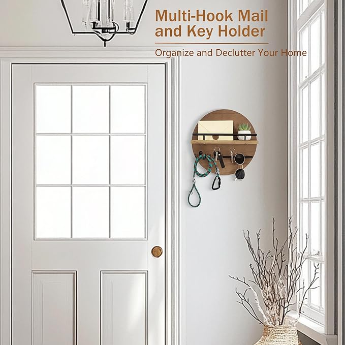 dreampossible Key Holder for Wall Decorative with Shelf and Hooks, Mail Organizer Wall Mount with Sunglasses Holder, Circular Design Entryway Key Rack Hanger, Rustic Home Decor
