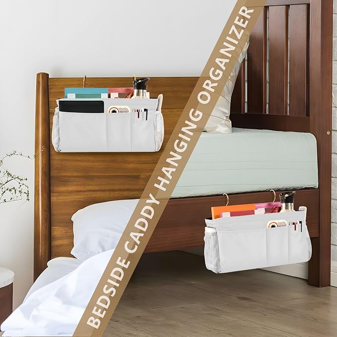 White Bedside Caddy Storage Bag Bedside Organizer for Bunk Bed Headboards College Hanging Storage Organizer 6 Pockets with Hooks for Drinks Magazine Phone Holder