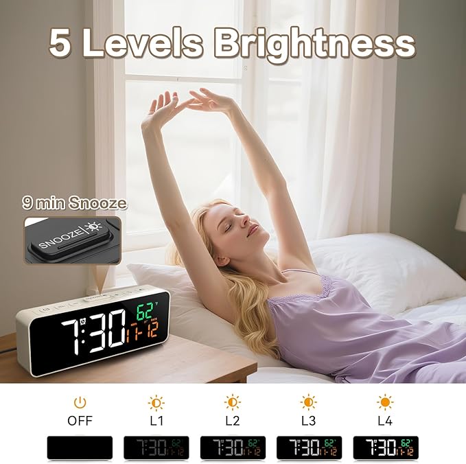 Netzu 3-in-1 Small Digital Clocks for Living Room with Temperature, Date & Time Display - 4 Levels Birghtness, 3 Volumes, Compact Plug-in Alarm Clock for Bedroom, Office (White)
