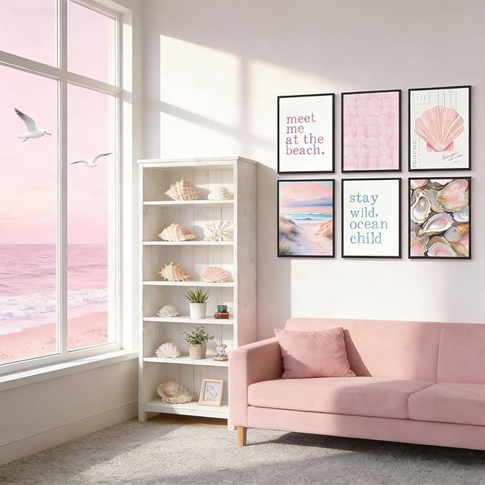 6Pcs Pink Beach Preppy Wall Art Prints Coastal Granddaughter Aesthetic Wall Decor Pictures Summer Oyster Shell Meet Me At The Beach Posters for Girly Bedroom Dorm Apartment Home Decoration 8x10in