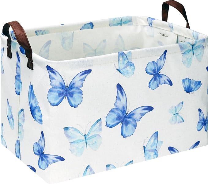 NTAOHAMPER Rectangular Blue Butterfly Storage Basket,baptism basket for favors,Collapsible Gift Basket with Handles,Kids Toys/Books Box(Blue Butterfly)
