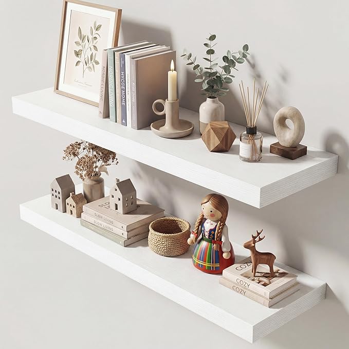 Dreamland 32 Inches Floating Shelves for Wall, 9.3" Deep Long Floating Shelves Set of 2, Large Display & Storage Shelf, Wall Shelf for Bathroom Bedroom Living Room Kitchen Office, White