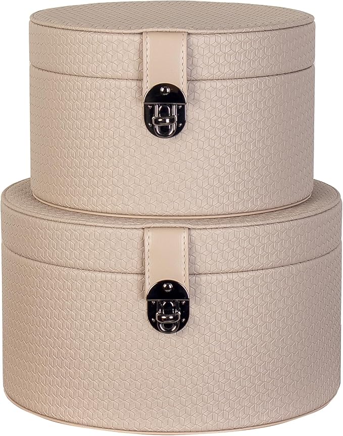 Large Leather Decorative Boxes Set of 2 Round Hat Box Bin Basket with Lid for Shelf Coffee Table Storage Remotes Modern Home Decor (light brown)