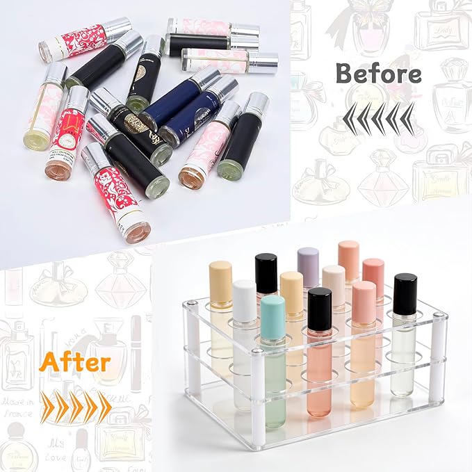 20-Space Rollerball Perfume Organizer, Clear Acrylic Perfume Holder & Display Stand, Lip Gloss Organizer, Beauty Fragrance Storage for Dresser