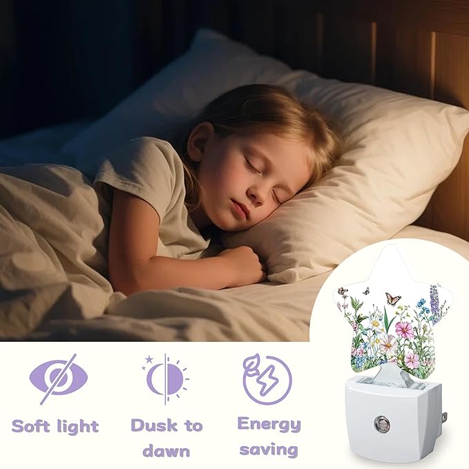 Nightlight,Butterfly Lavender Decorative Night Lights Plug Into Wall,Flowers Leaves Night Light with Auto Sensor for Bedroom,Nursery,Hallway,Stairway,Gifts