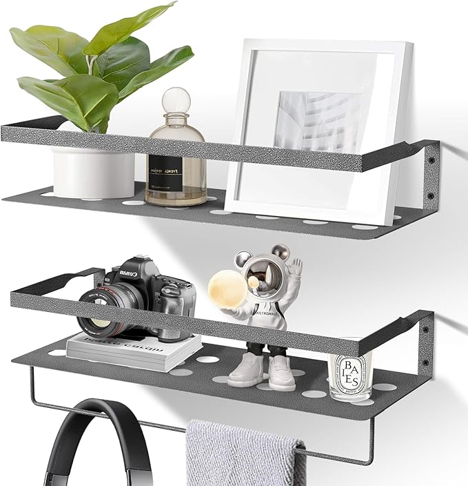 Uten Floating Shelves, Wall Mounted Iron Shelves Set of 2, Bathroom Storage Iron Shelves with Towel Rack, Wall Hanging Organizer Decor Shelf for Bathroom, Kitchen, Bedroom, Living Room