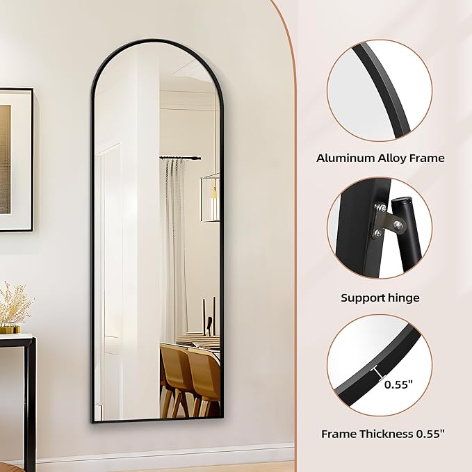 GlasFlength Arched Full Length Mirror with Stand, 57"x20" Free-Standing Leaning Wall-Mounted Mirrors, Elegant Body Mirror for Living Room, Bedroom & Cloakroom, Black