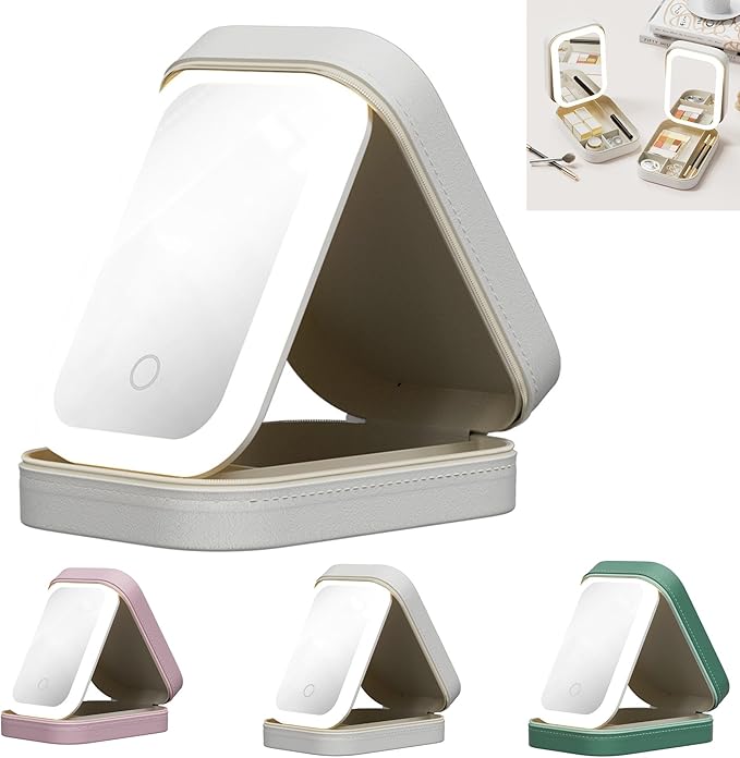 CRIVERY LED Three-Color Adjustable Makeup Mirror, Travel Portable Rechargeable Makeup Organizer with Led Lights, Waterproof Vanity Mirror Jewelry Box with Zipper, Multi-Compartment Storage (White)