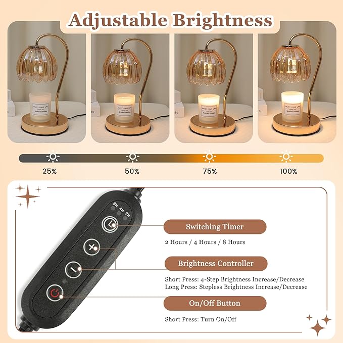 Candle Warmer Lamp with Timer & Dimmer, Aromatherapy Candle Lamp for Scented Candles, Modern Amber Glass Candle Lamp Warmer, Birthday Gift for Women Mom House Warming Gifts New Home Decor