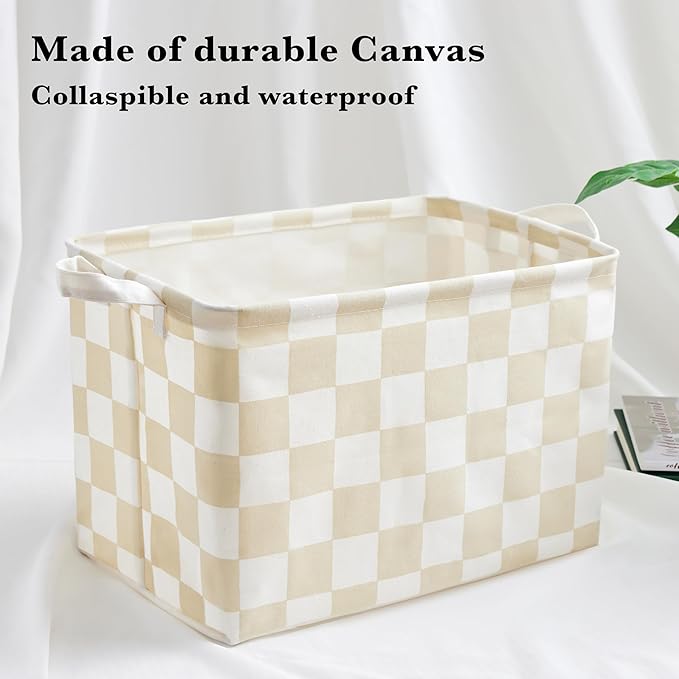 Ohocut Beige White Checkered Canvas Basket, Rectangular Organizing Decorative Storage Basket for Kids Dog Toy, Cute Aesthetic Checkered Room Decor for Home, Kitchen, Bedroom, Classroom, Shelves