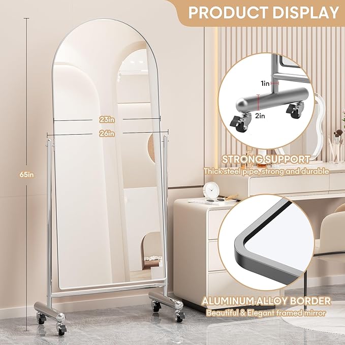 Large Arched Full Length Mirror on Wheels, Rolling Tilting Swivel Floor Mirror 65" x 23" with Tempered Glass and Metal Frame, Modern Dressing Mirror Body Mirror, Home Decor,Silver