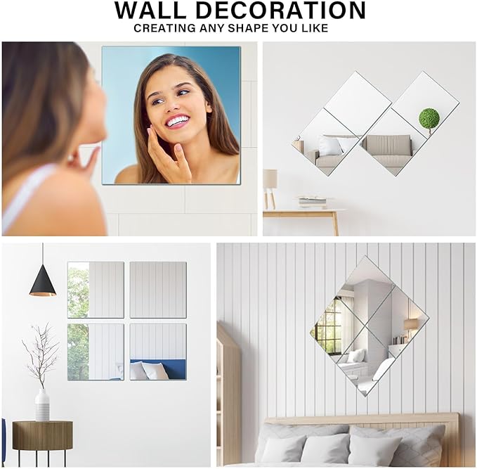 Home Gym Mirror, 12Pcs 10"x 12" Wall Mirror Tiles, Frameless HD Glass Full Length Wall Mirrors for Wall Decor, Bedroom, Living Room, Over The Door, Self Adhesive