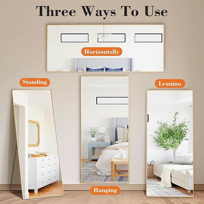 NEWBULIG Full Length Mirror, Full Body Floor Mirror with Aluminum Alloy Thin Frame, Wall or Standing Mirror for Bedroom, Living Room, Dressing Room