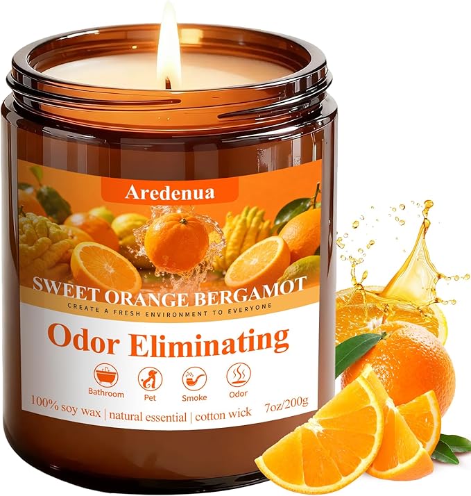 Sweet Orange Bergamot Odor Eliminating Candle | Eliminates 95% of Pet, Smoke & Bathroom Odors | 7oz Hand Poured Non-Toxic Soy Candle | Air Freshening Scented Candle for Positive & Relaxation