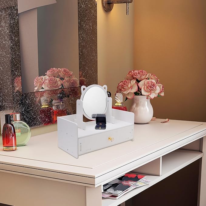 ARTIBETTER Desktop Makeup Mirror with Storage Drawer, Large Portable Cosmetic Organizer Box, Round Mirror with Single Drawer, Home Dressing Table Makeup Storage Solution