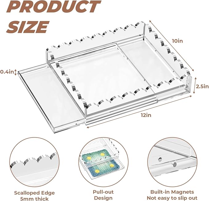 Scalloped Acrylic Tray for Needlepoint, 10" x 12" Clear Acrylic Display Tray with Slide Out Drawer for Insert Photos, Art, Fabric, Acrylic Organizer Decorative Tray for Home Decor